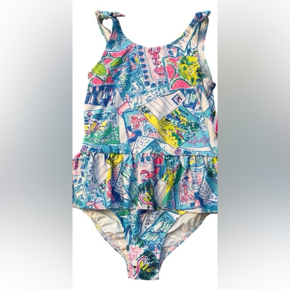 Lilly Pulitzer Girls Swimsuit Postcard Print Multicolor Wish You Were Here Sz3